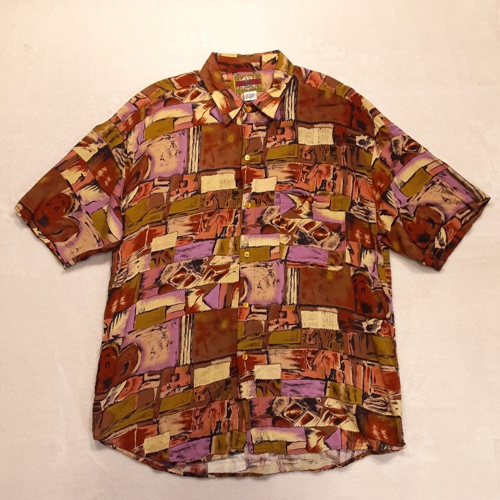 Paco Mens Vintage Rayon Button Shirt Large SS Abstract Geometric Print Red/Black